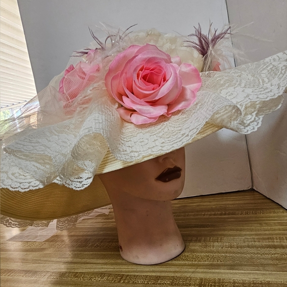 Recollections Victorian Hat Pink Rose Lace Wide Brim Feather Kentucky Derby - Picture 3 of 12